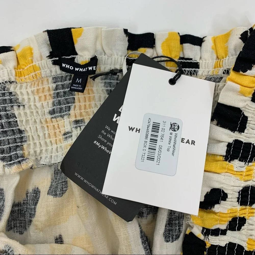 Who What Wear Linen Graphic Cat Smocked Off The Shoulder Short Sleeve Blouse Nwt - Picture 8 of 16